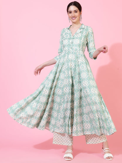 Cotton  Calf Length Printed Flared 3/4 Sleeves Coller Neck Kurta Bottom Set