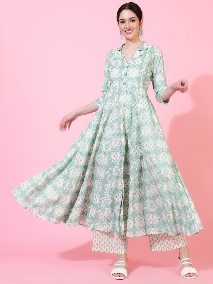 Cotton  Calf Length Printed Flared 3/4 Sleeves Coller Neck Kurta Bottom Set