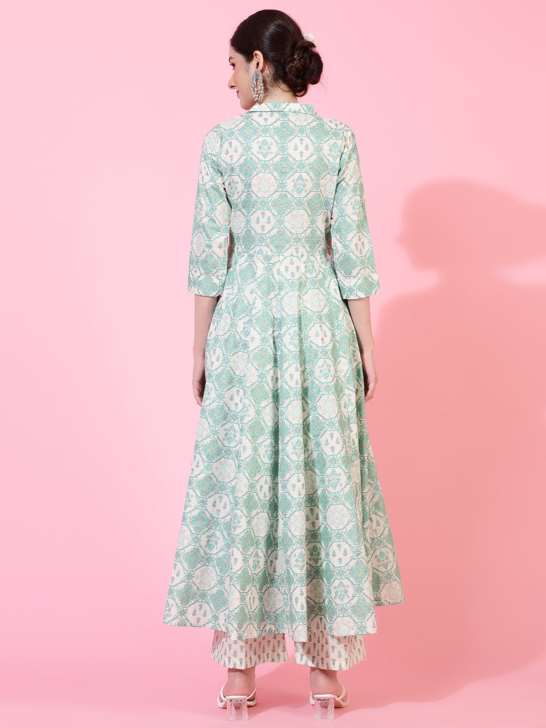 Cotton  Calf Length Printed Flared 3/4 Sleeves Coller Neck Kurta Bottom Set