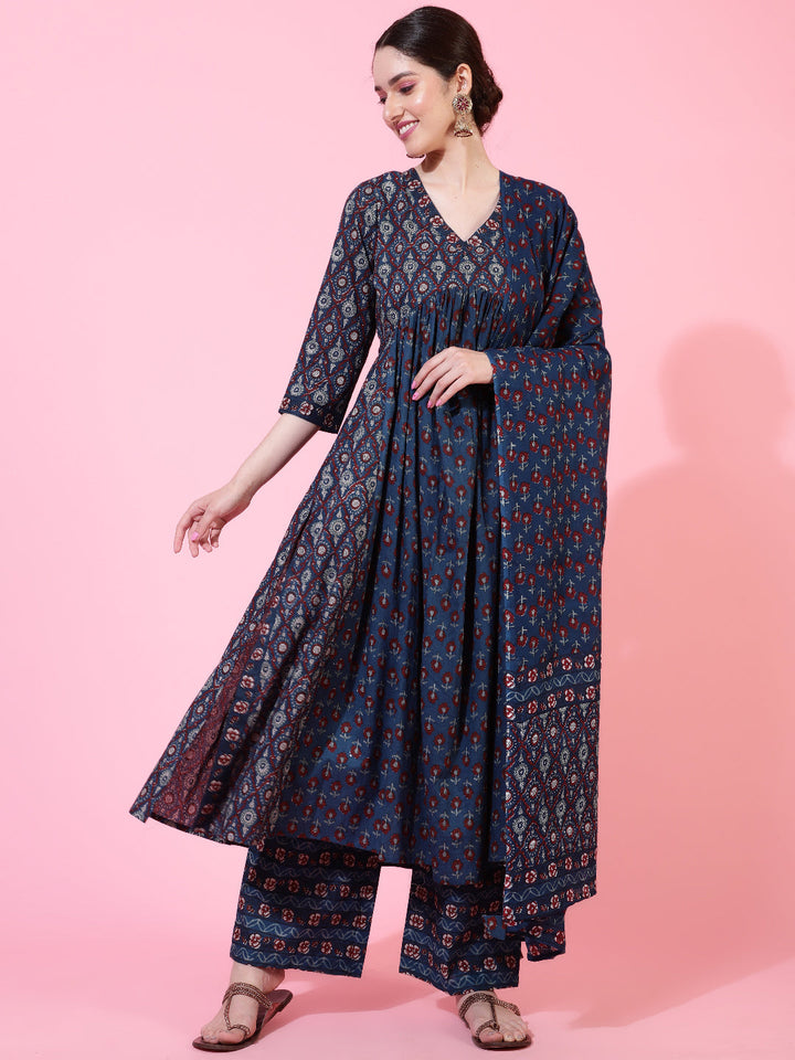 Cotton  Calf Length Printed Flared 3/4 Sleeves V-Neck Kurta Bottom Dupatta Set