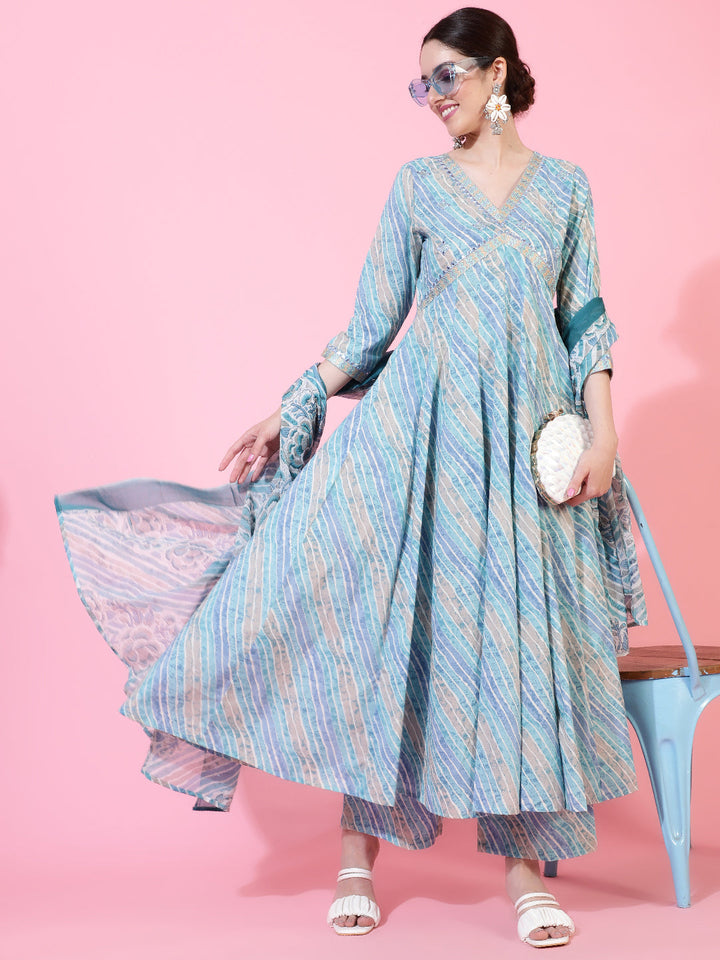 Cotton  Calf Length Printed Flared 3/4 Sleeves V-Neck Kurta Bottom Dupatta Set