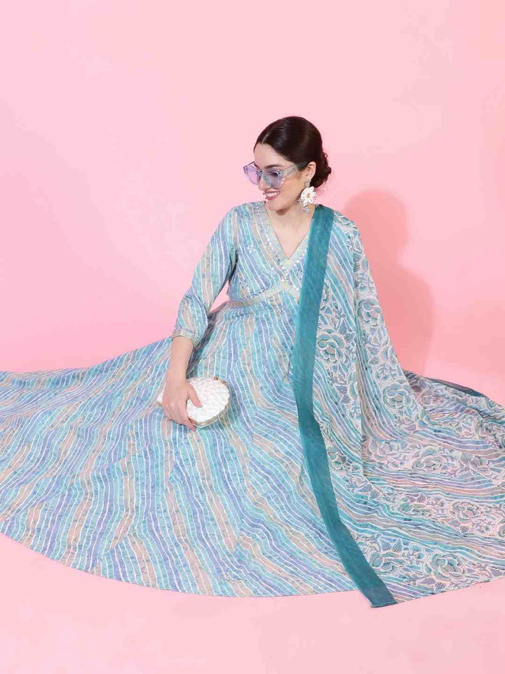 Cotton  Calf Length Printed Flared 3/4 Sleeves V-Neck Kurta Bottom Dupatta Set