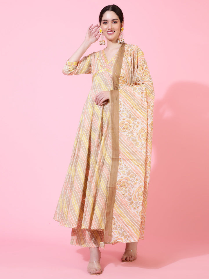 Cotton  Calf Length Printed Flared 3/4 Sleeves V-Neck Kurta Bottom Dupatta Set