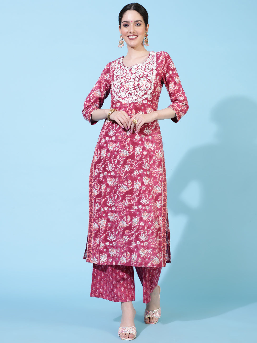 Cotton  Calf Length Printed Straight 3/4 Sleeves Round Neck Kurta Bottom Dupatta Set
