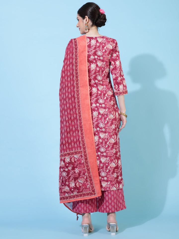Cotton  Calf Length Printed Straight 3/4 Sleeves Round Neck Kurta Bottom Dupatta Set