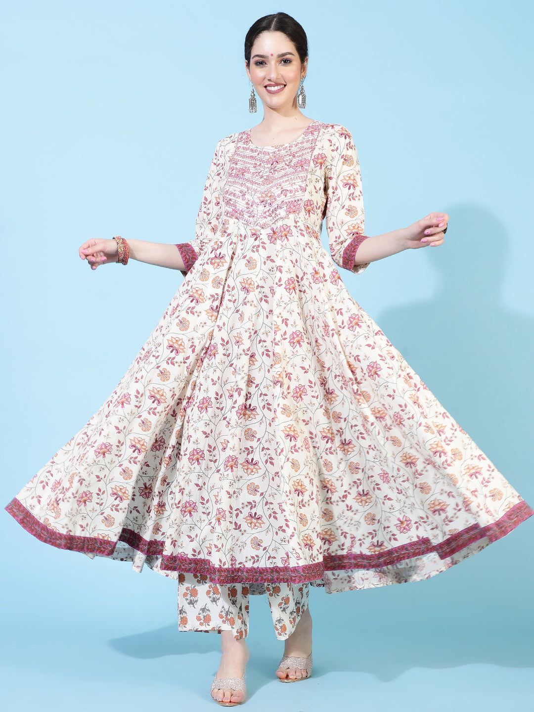 Cotton  Calf Length Printed Flared 3/4 Sleeves Round Neck Kurta Bottom Dupatta Set