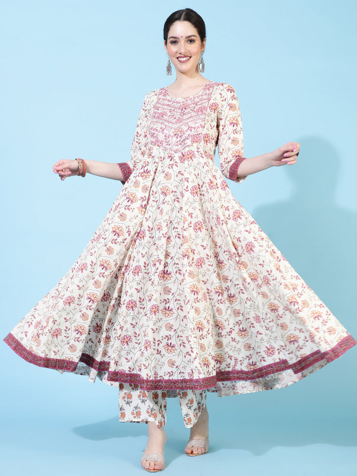 Cotton  Calf Length Printed Flared 3/4 Sleeves Round Neck Kurta Bottom Dupatta Set