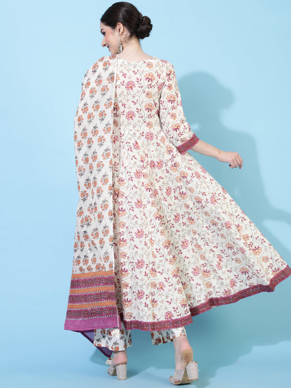 Cotton  Calf Length Printed Flared 3/4 Sleeves Round Neck Kurta Bottom Dupatta Set