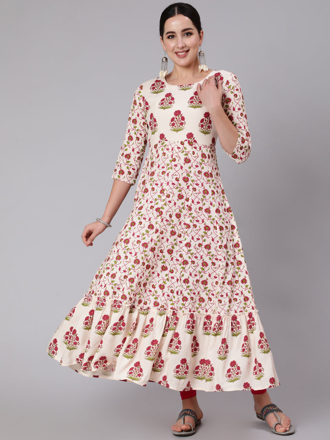 Rayon Ankle Length Printed Flared 3/4 Sleeve Round Neck Kurta