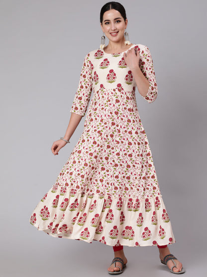 Rayon Ankle Length Printed Flared 3/4 Sleeve Round Neck Kurta