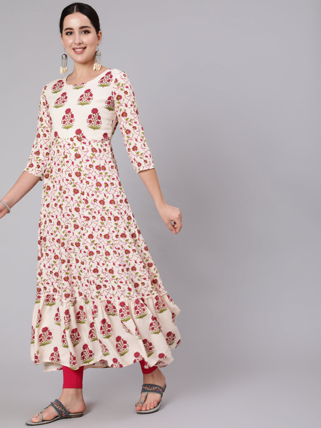 Rayon Ankle Length Printed Flared 3/4 Sleeve Round Neck Kurta