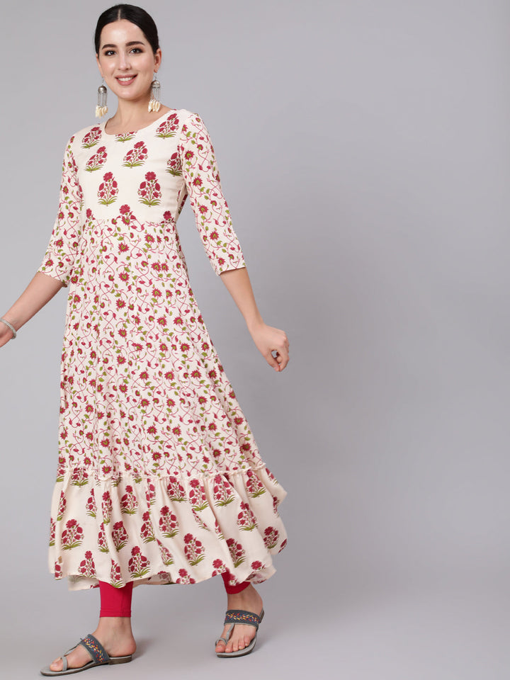 Rayon Ankle Length Printed Flared 3/4 Sleeve Round Neck Kurta