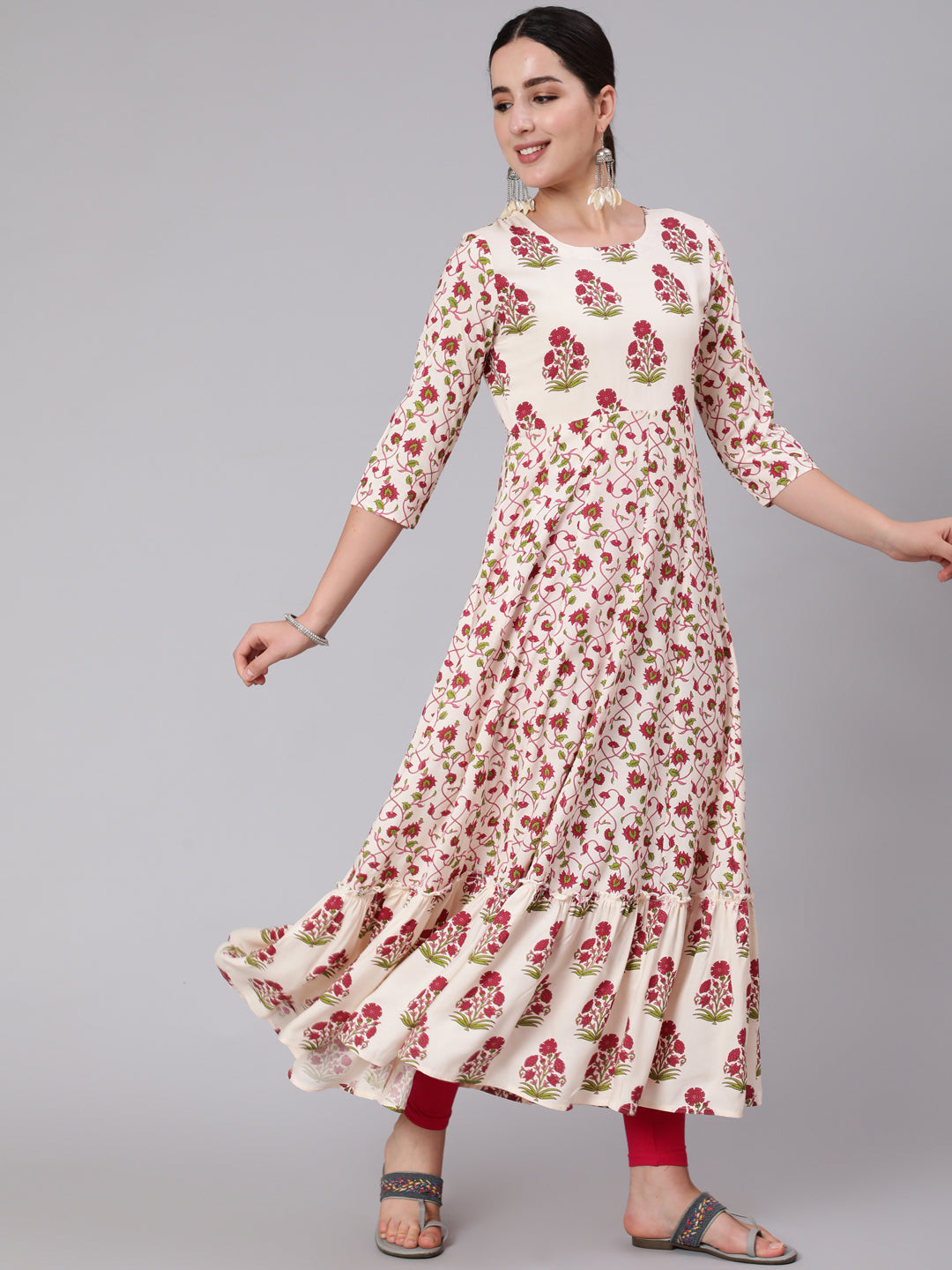 Rayon Ankle Length Printed Flared 3/4 Sleeve Round Neck Kurta