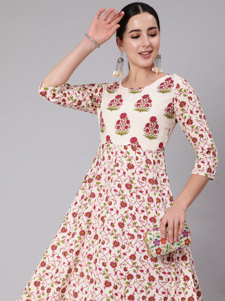 Rayon Ankle Length Printed Flared 3/4 Sleeve Round Neck Kurta