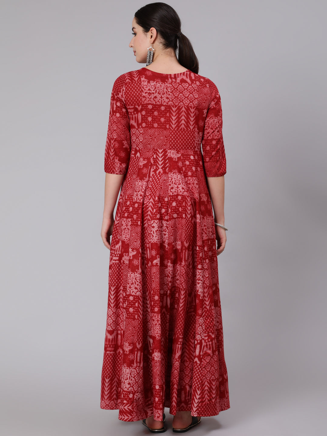 Cotton Ankle Length Printed Flared 3/4 Sleeve Round Neck Kurta