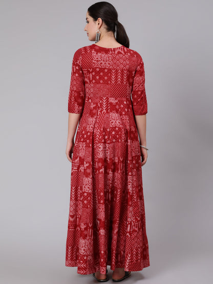 Cotton Ankle Length Printed Flared 3/4 Sleeve Round Neck Kurta