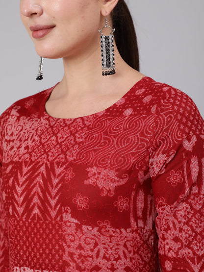 Cotton Ankle Length Printed Flared 3/4 Sleeve Round Neck Kurta