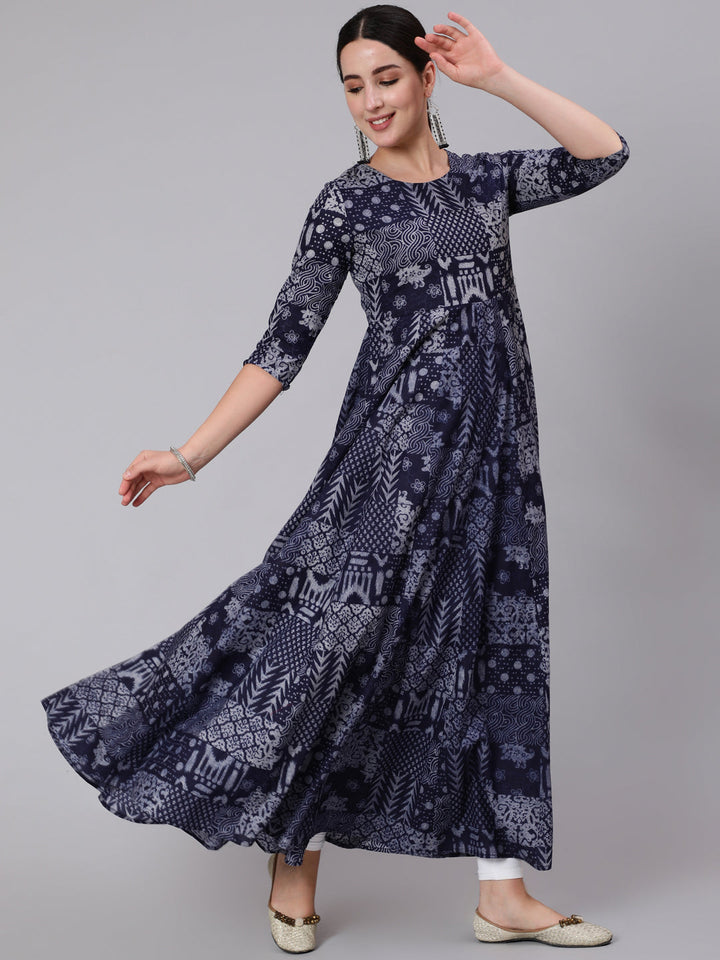 Cotton Ankle Length Printed Flared 3/4 Sleeve Round Neck Kurta
