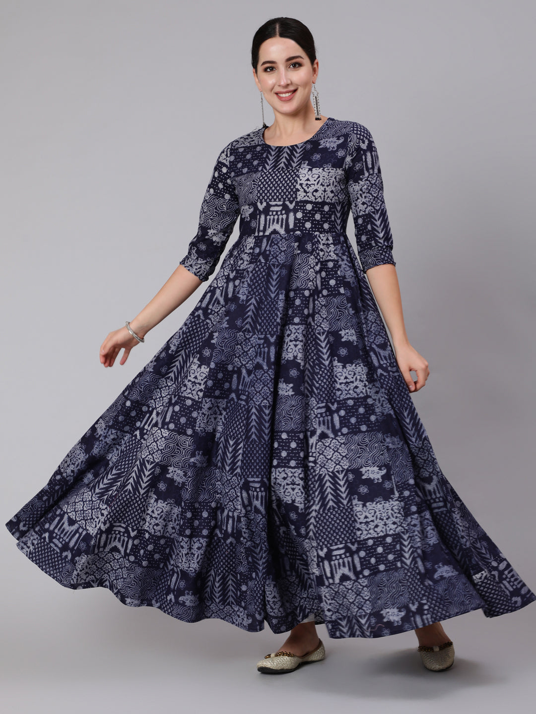 Cotton Ankle Length Printed Flared 3/4 Sleeve Round Neck Kurta