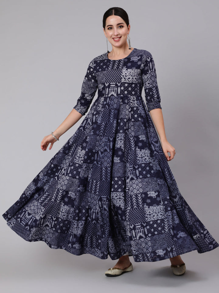 Cotton Ankle Length Printed Flared 3/4 Sleeve Round Neck Kurta