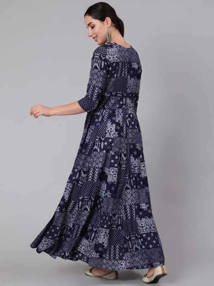 Cotton Ankle Length Printed Flared 3/4 Sleeve Round Neck Kurta