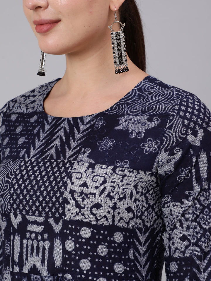 Cotton Ankle Length Printed Flared 3/4 Sleeve Round Neck Kurta