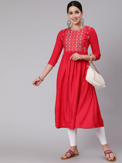 Rayon Calf Length Embroidered A-line 3/4 Sleeve Round Neck Kurta