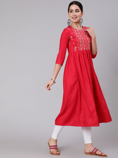 Rayon Calf Length Embroidered A-line 3/4 Sleeve Round Neck Kurta