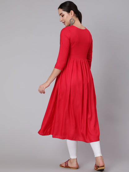 Rayon Calf Length Embroidered A-line 3/4 Sleeve Round Neck Kurta