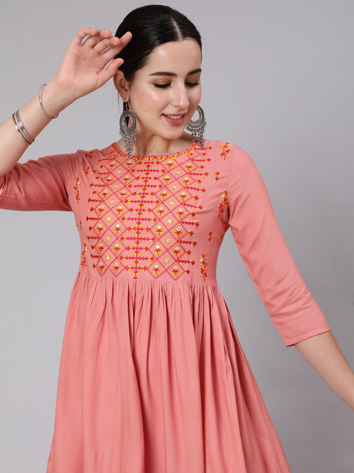 Rayon Calf Length Embroidered A-line 3/4 Sleeve Round Neck Kurta
