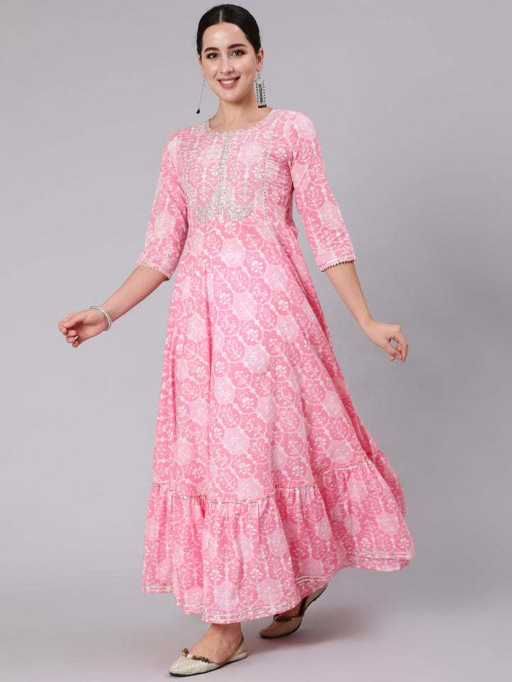 Cotton Ankle Length Sequence Flared 3/4 Sleeve Round Neck Kurta