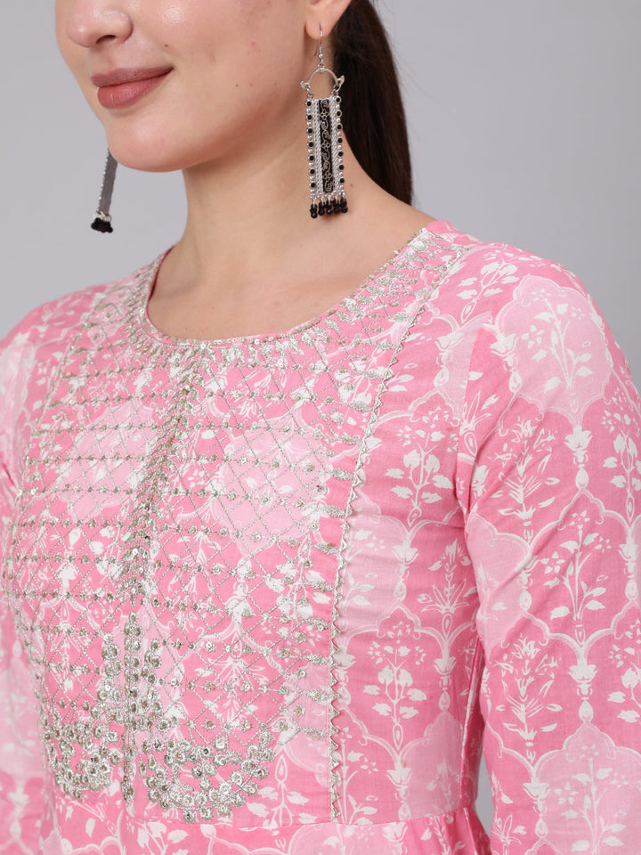 Cotton Ankle Length Sequence Flared 3/4 Sleeve Round Neck Kurta
