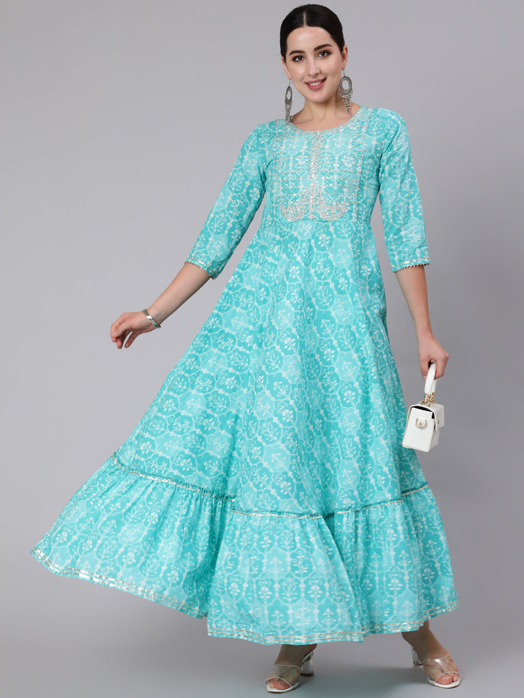 Cotton Ankle Length Sequence Flared 3/4 Sleeve Round Neck Kurta