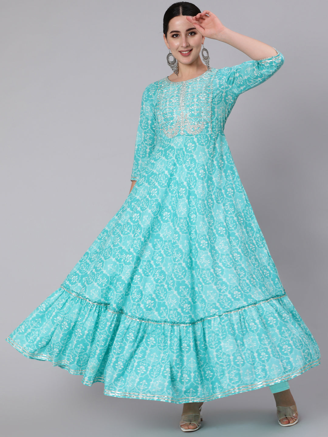 Cotton Ankle Length Sequence Flared 3/4 Sleeve Round Neck Kurta