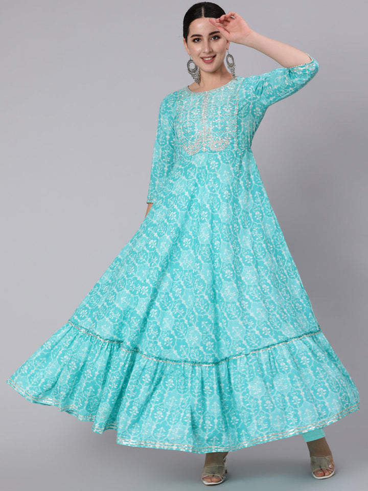 Cotton Ankle Length Sequence Flared 3/4 Sleeve Round Neck Kurta
