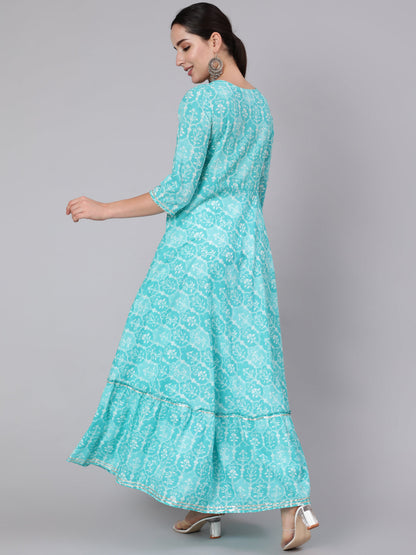 Cotton Ankle Length Sequence Flared 3/4 Sleeve Round Neck Kurta