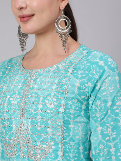 Cotton Ankle Length Sequence Flared 3/4 Sleeve Round Neck Kurta