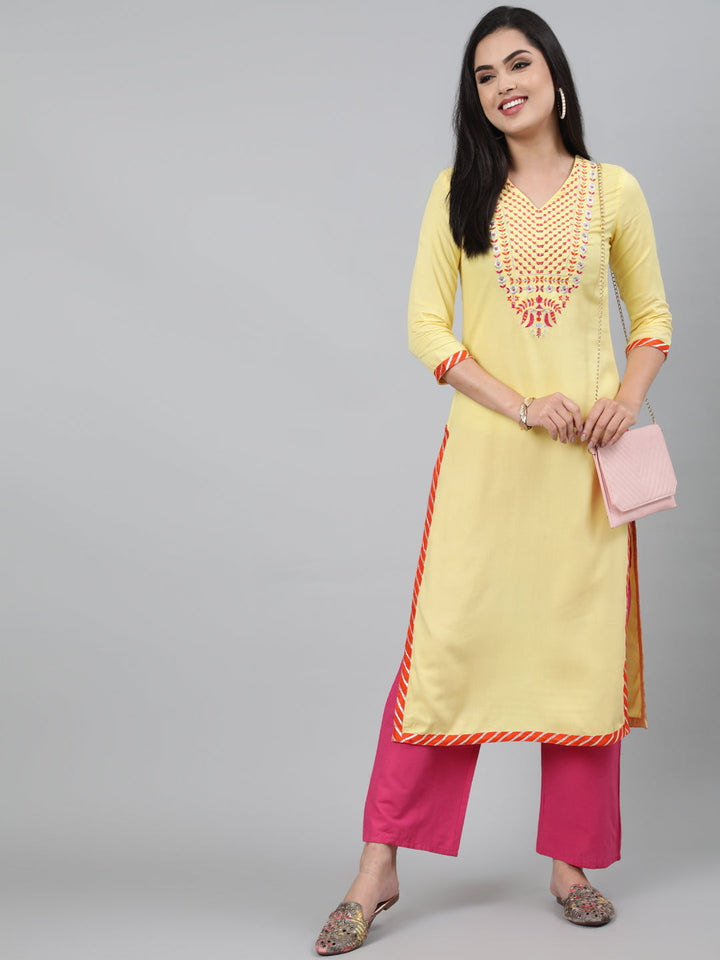 Rayon Calf Length Embroidered Straight 3/4 Sleeve Round Neck Kurta