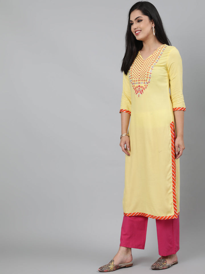 Rayon Calf Length Embroidered Straight 3/4 Sleeve Round Neck Kurta