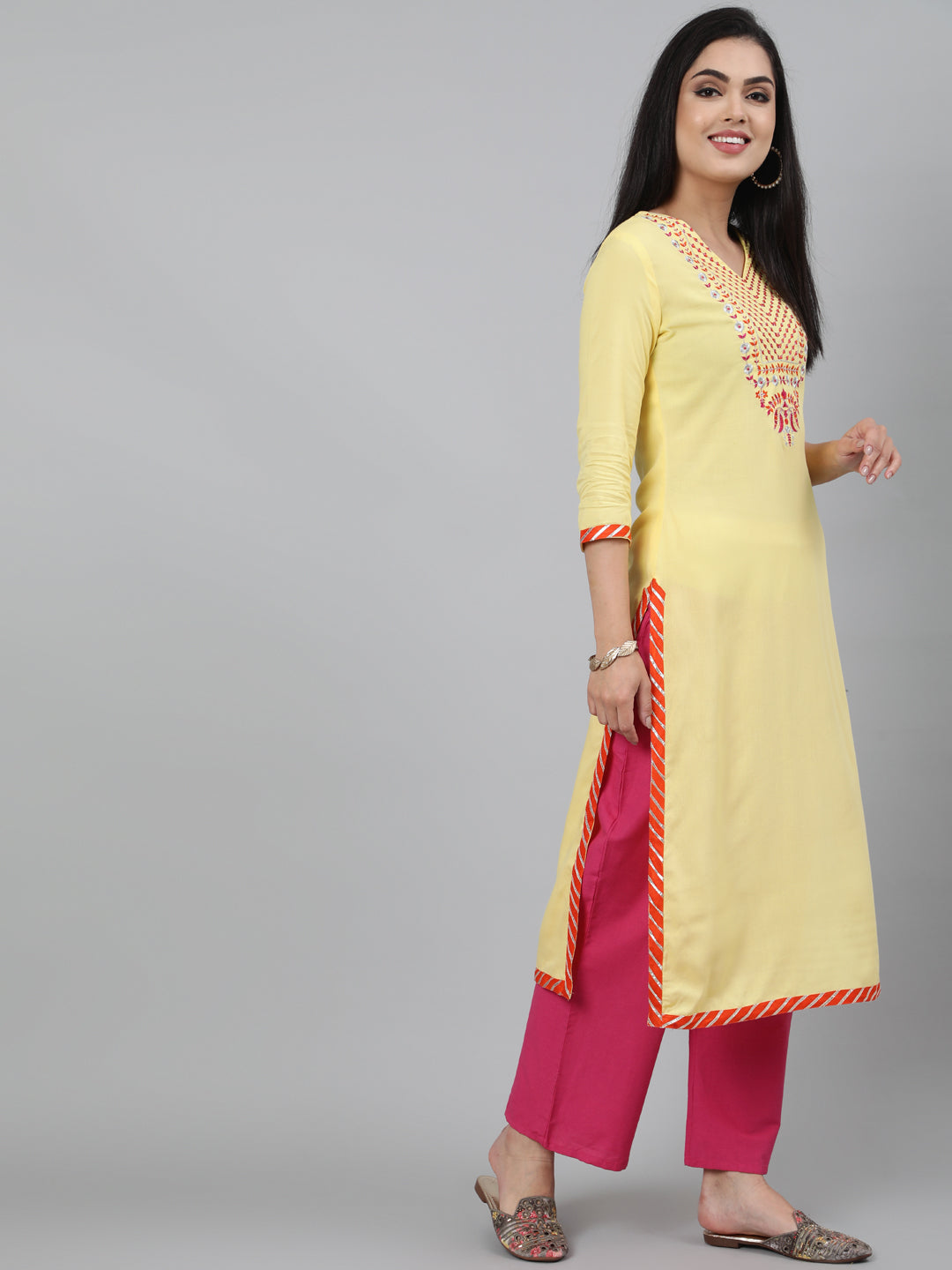 Rayon Calf Length Embroidered Straight 3/4 Sleeve Round Neck Kurta