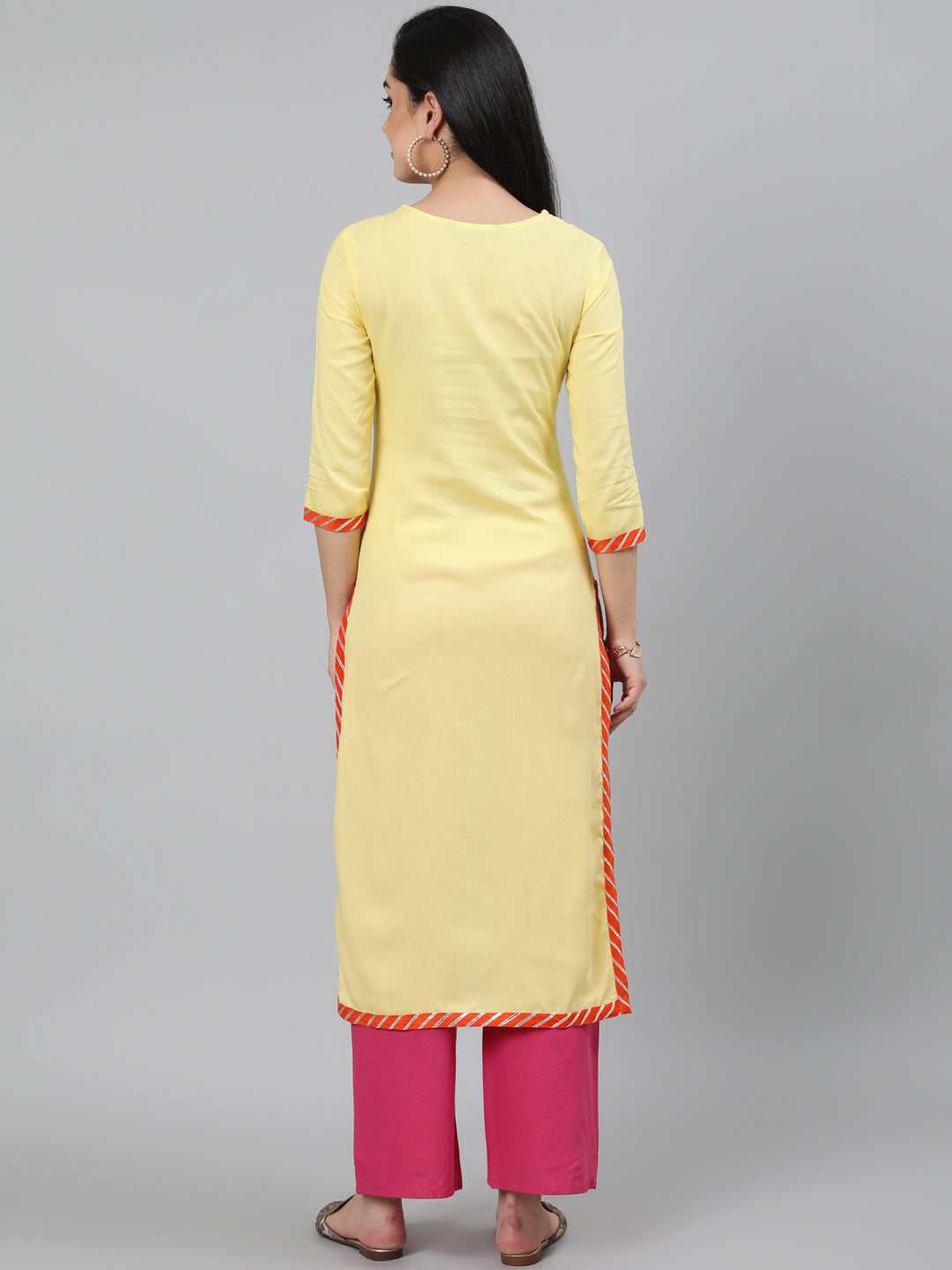 Rayon Calf Length Embroidered Straight 3/4 Sleeve Round Neck Kurta
