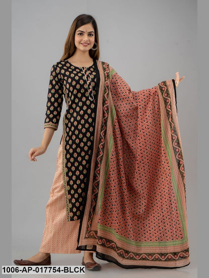 Printed Straight Calf Length 3/4 Sleeve Round Neck Cotton Kurta Palazzo Malmal Dupatta