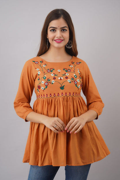 Embroidered Rayon 3/4 Sleeves Regular Top
