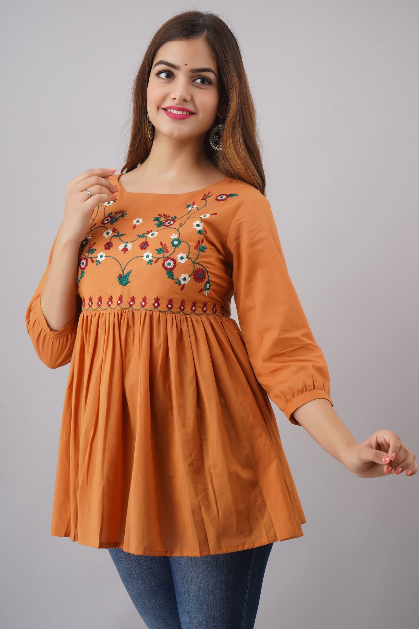 Embroidered Rayon 3/4 Sleeves Regular Top