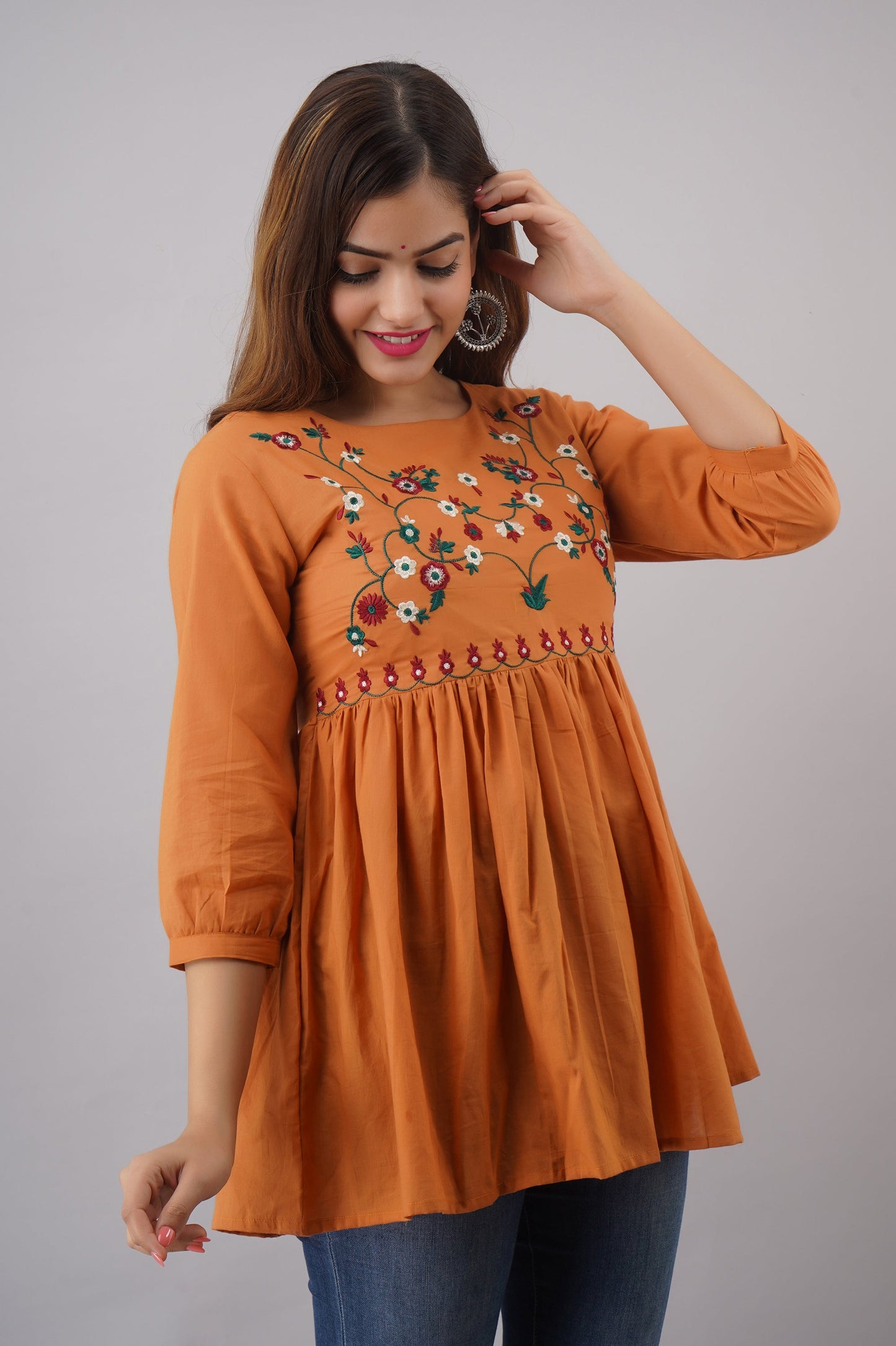 Embroidered Rayon 3/4 Sleeves Regular Top