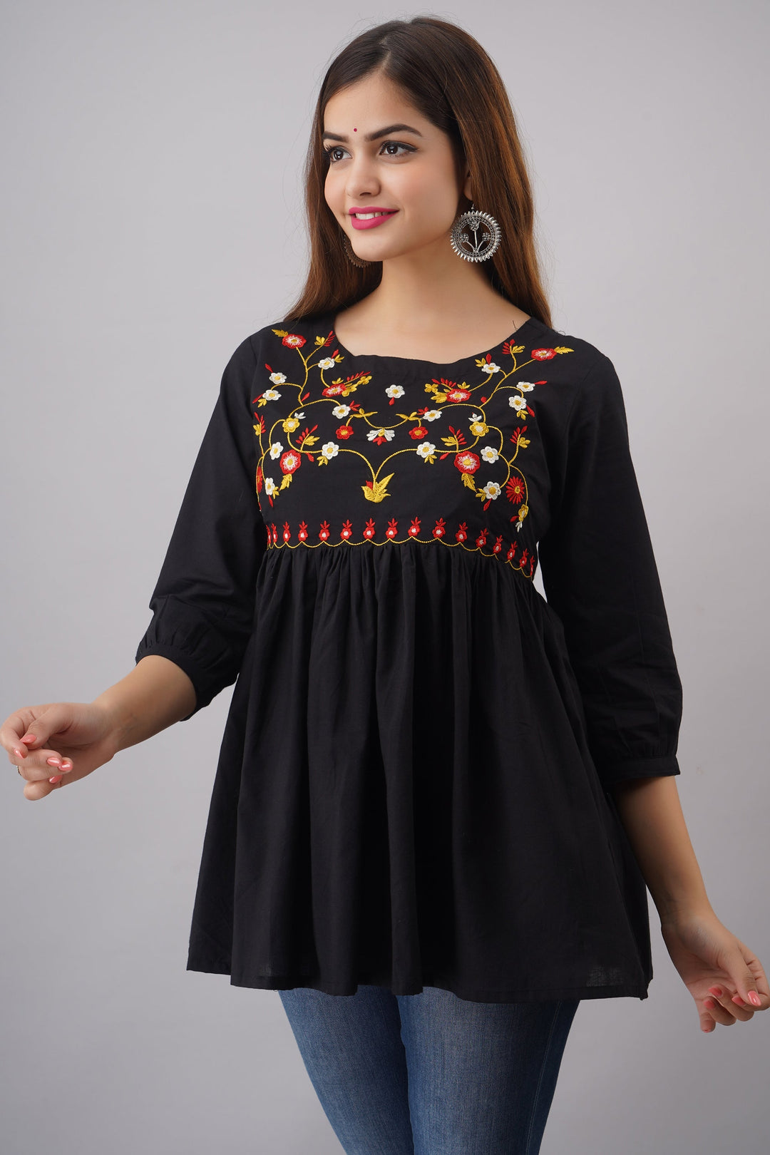 Embroidered Rayon 3/4 Sleeves Regular Top