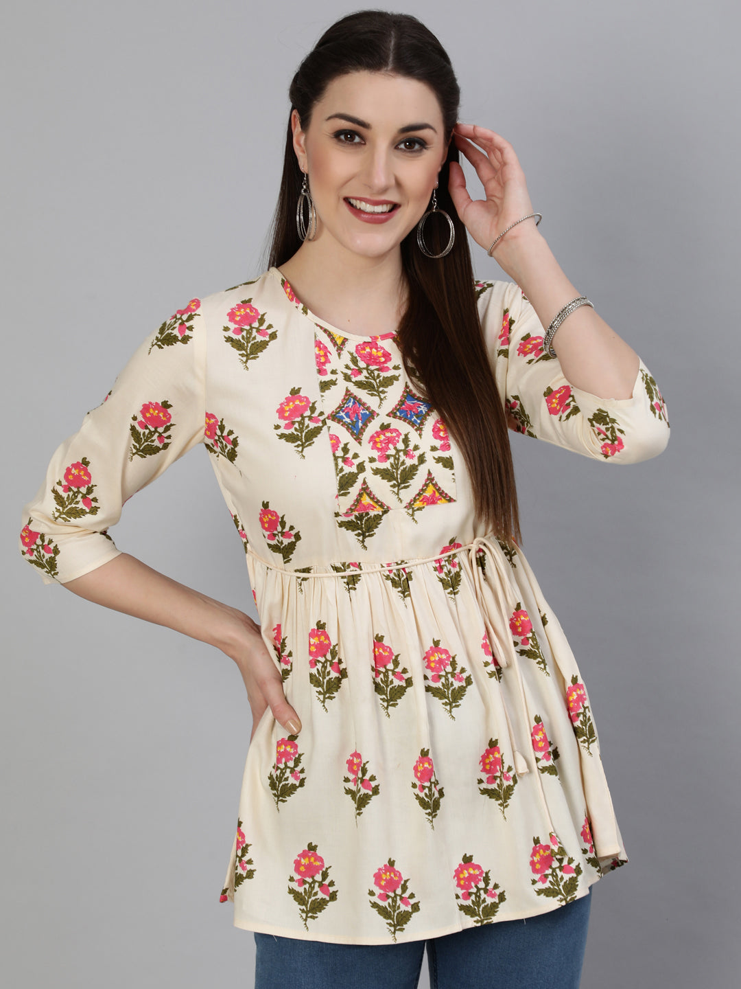 Rayon Printed Regular 3/4 Sleeve Round Neck Short Top
