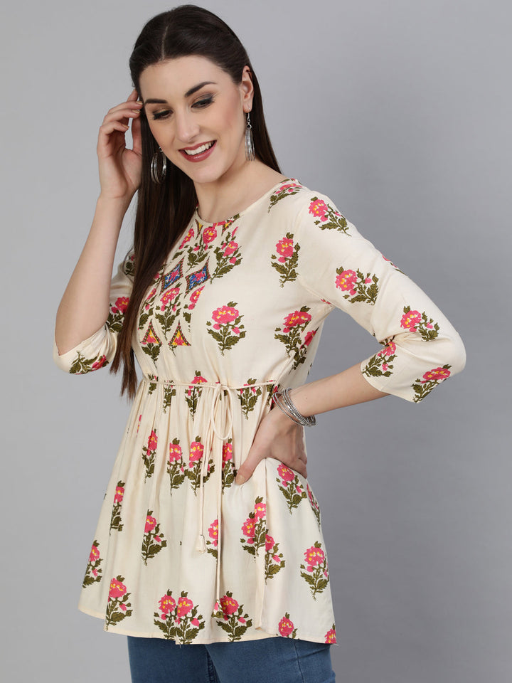 Rayon Printed Regular 3/4 Sleeve Round Neck Short Top