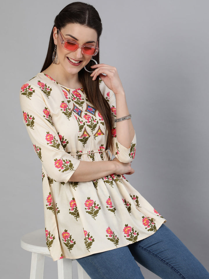 Rayon Printed Regular 3/4 Sleeve Round Neck Short Top