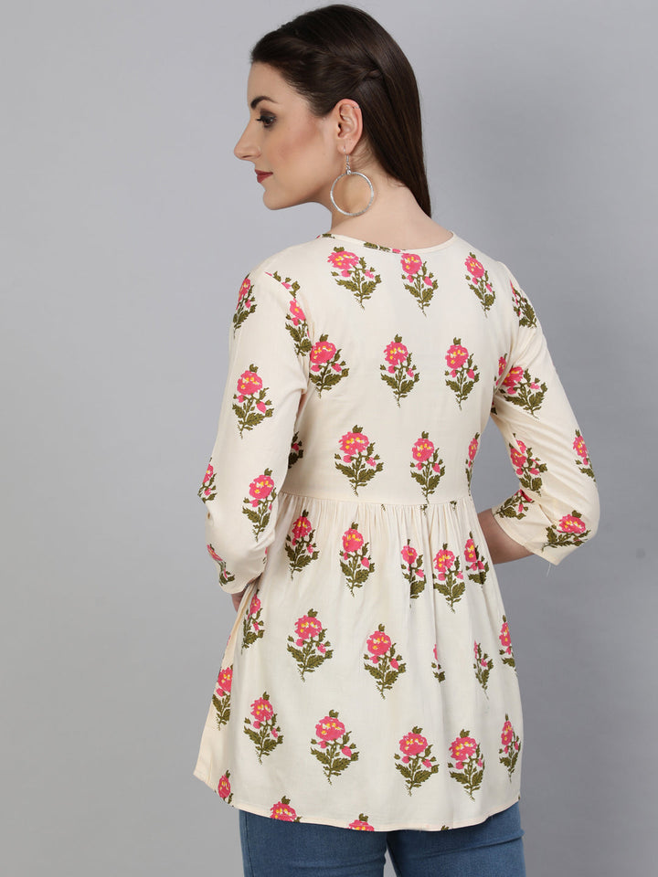 Rayon Printed Regular 3/4 Sleeve Round Neck Short Top